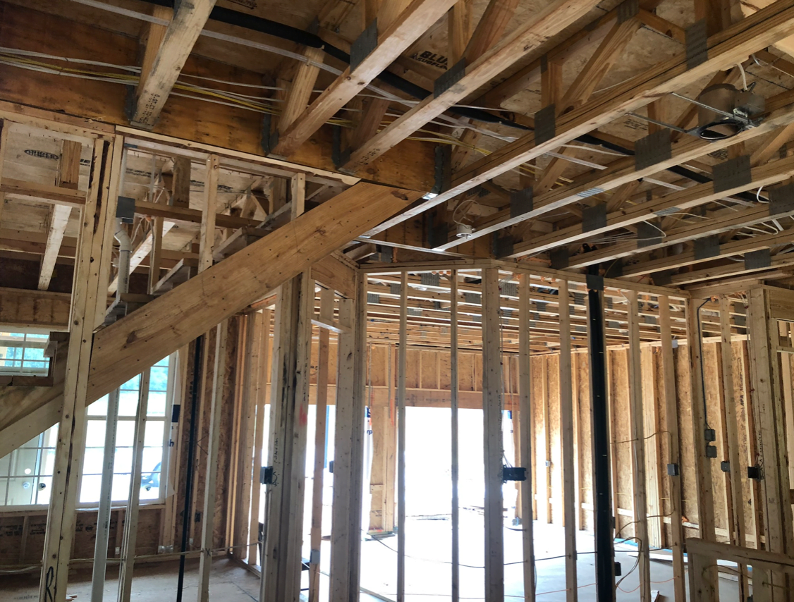 Framing in a home during construction.